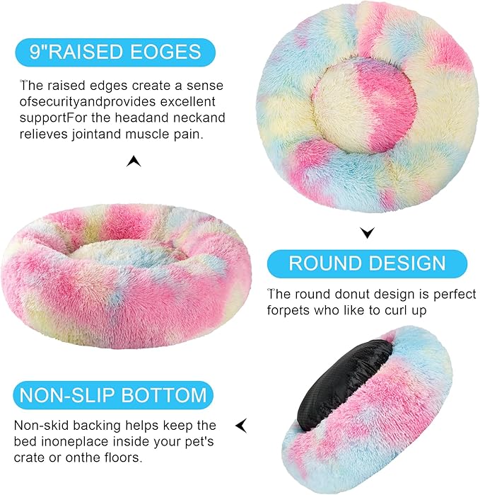 Dog Bed Calming Dog Beds for Small Medium Large Dogs - Round Donut Washable Puppy Dog Bed, Anti-Slip Faux Fur Fluffy Donut Cuddle Anxiety Cat Pet Bed(32'' Color)