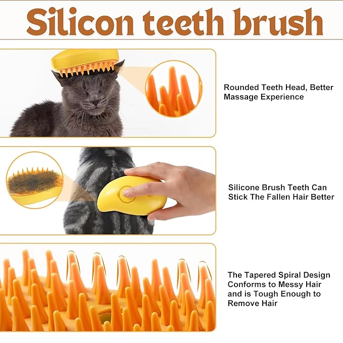 3-in-1 Self-Cleaning Steam Brush for Pets - Removes Loose and Tangled Hair, Multifunctional Design for Cats, Yellow