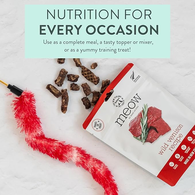 Meow Air Dried Cat Food - Venison Recipe, High Protein Dry Cat Food, Use as a Complete Diet, Topper, Mixer, or as Cat Training Treats, All Life Stages,3.5 oz