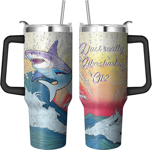 40 Oz Stainless Steel Tumbler with Handle and Straw, Double Wall Insulated Shark Cup with Straw, Leak Proof Shark Coffee Mug and Tumbler for Adults Gifts