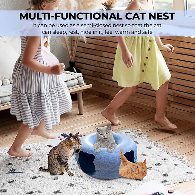 Peekaboo Cat Tunnel Bed-Large, Scratch-Resistant Donut Cave for Indoor Cats Up to 30-45 lbs, Detachable & Washable Design, Perfect Cozy Play & Rest Spot for Cats and Small Dogs (Blue, Large)