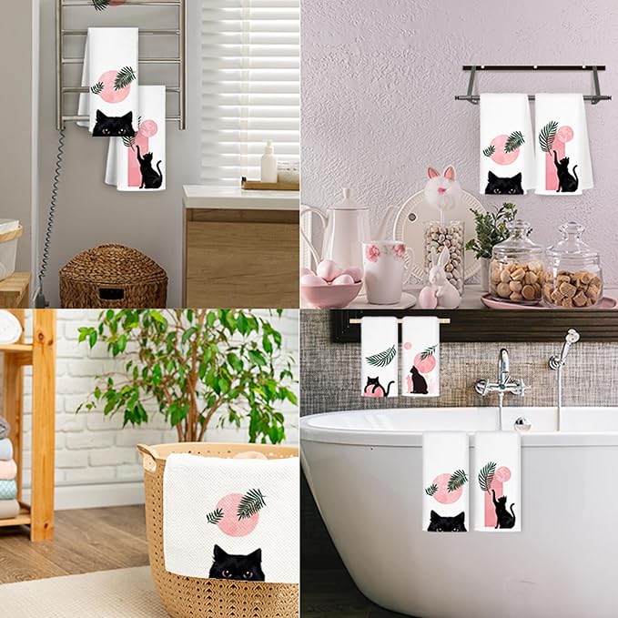 Boho Black Cat Kitchen Towels Set of 4, Pink and Black Cat Hand Towels for Bathroom, Boho Botanical Cat Dish Towels, Black and Pink Bathroom Decor, Cat Kitchen Decor, 16x24 Inch
