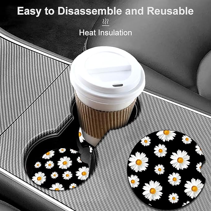 Car Coasters for Cup Holders,2 Pack White Daisy Car Cup Holder Coasters,2.75" Universal Size Anti Slip Rubber Mat,Automotive Cup Holder Decal Decor Accessories,Daisy Gifts for Women,Men,Mom