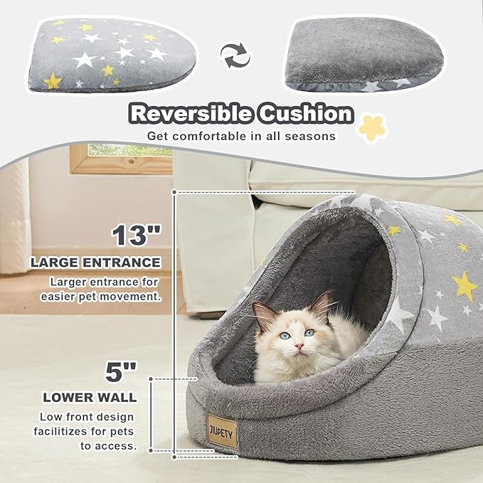 Jiupety Cat Beds for Indoor Cats, Cute Cat Cave Bed and Kitten Bed, Large Cat Cave and Covered Cat Bed with Anti-Slip Bottom, Washable Removable Cushion, M(16"x16"x13"), Gray Star.