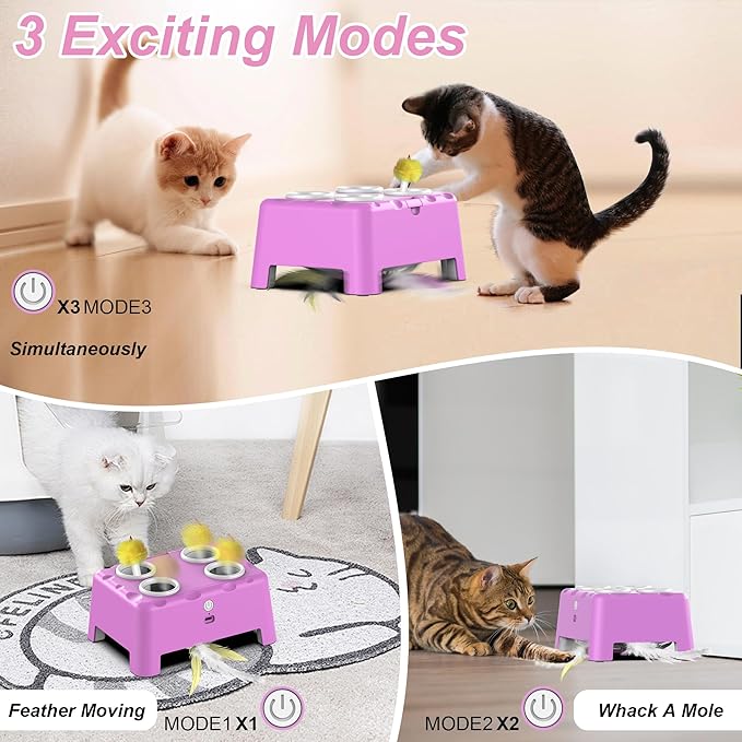 Cat Toys, Interactive Cat Toys, 2-in-1 Automatic Cat Toy, 4 Holes Mice Whack A Mole Cat Mouse Toy with Moving Feather, Portable USB Rechargeable Electronic Kitten Toys (Pink)