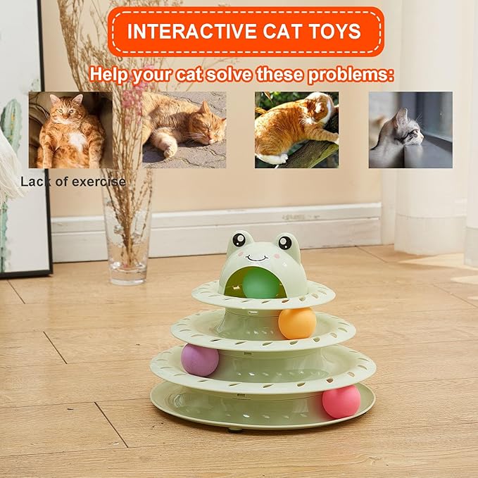 Cat Toys, 4-Level Turntable Ball Track Interactive Cat Toy for Indoor Cats, Self Play Fun Roller with Colorful Rotating Ball Puzzle Exercise Kitten Toys (Green)