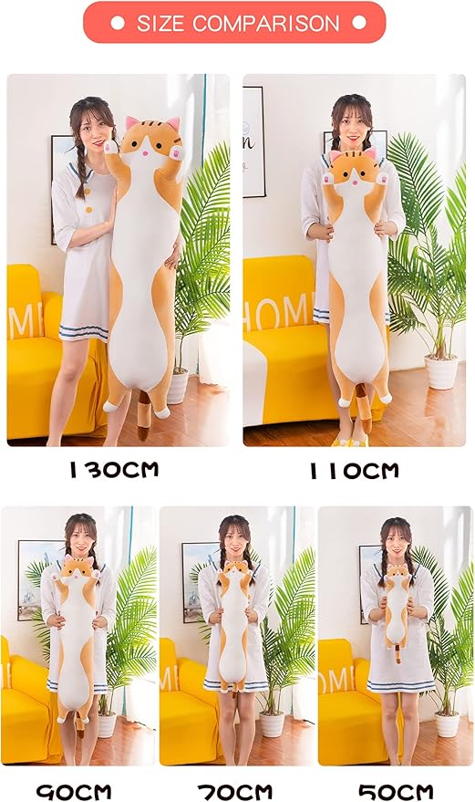 Long Cat Plush Pillow Soft Cat Body Pillow, Long Cat Stuffed Animal Cotton Kitten Sleeping Throw Pillow Gift for Kids Girlfriend(50CM,Yellow)