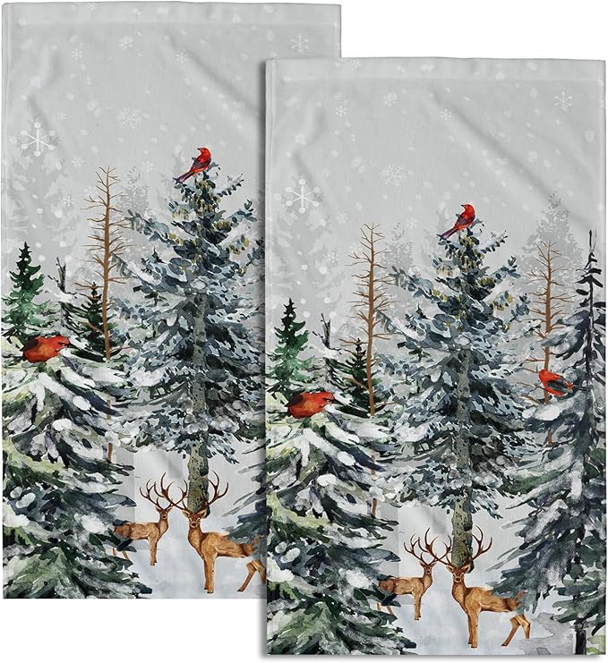 Giwawa Pine Tree Hand Towels Set of 2 Forest Deer Kitchen Bathroom Towels Soft Absorbent Fingertip Tea Bar Dish Towel for Hotel Spa Gym Decor