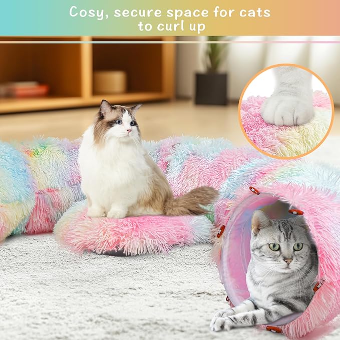 Cat Tunnel Bed for Indoor Winter, Warm Fluffy Plush Rainbow Cats Donut Tunnel with Central Mat, Multifunctional Pet Playground Toys Hide Place for Indoor Kitten Puppy Rabbit Ferret