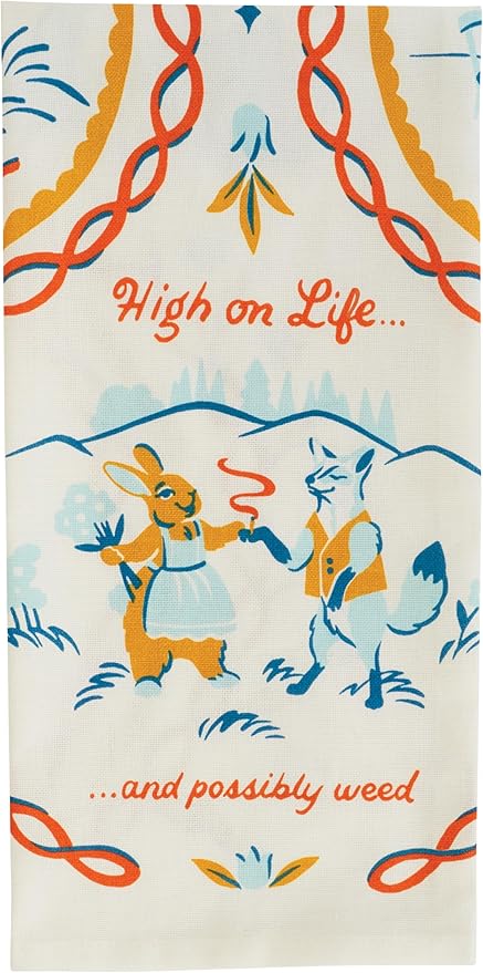 Blue Q Funny Dish Towel ~ High on Life, and Possibly Weed. 100% Cotton, Printed, Vibrant Colors, 28" x 21"