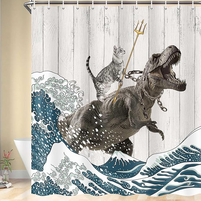 Boziqr Funny Cat Shower Curtain, Cool Cat Dinosaur Japanese Ocean Wave Decor Fabric Bathroom Curtains, Kids Children Rustic Wooden Farmhouse Shower Curtain, 70 X 78 Inches