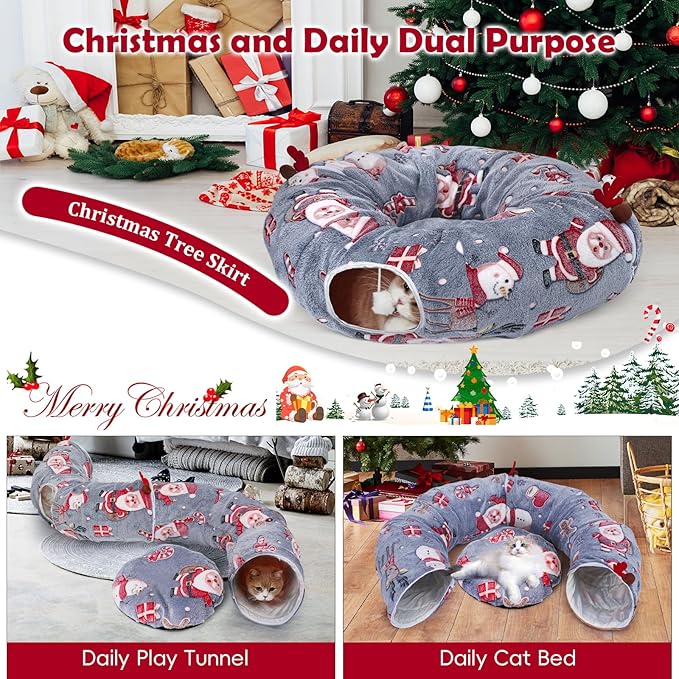 Christmas Cat Tunnel Bed, Under Christmas Tree Cat Tunnel with Washable Cushion, Cute Plush Christmas Cat Tunnel Tree Skirt with Dangling Balls, Cat Play Tunnel Toy Snowman Xmas Pattern Decorations