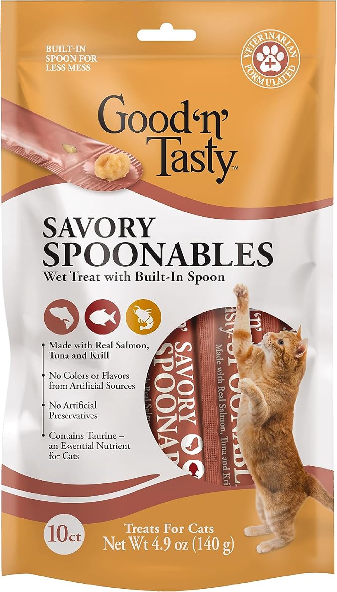 Good ‘n’ Tasty Savory Spoonables with Real Salmon, Tuna & Krill, 10 Count Tube, Triple Flavor Squeezable Lickable Wet Treats for Cats with Built-in Spoon for Less Mess