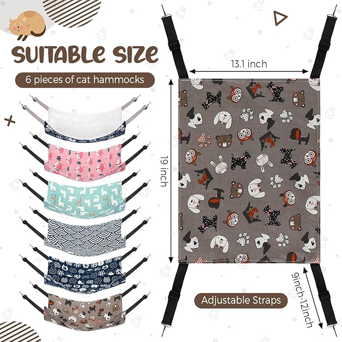 Barydat 6 Pcs Reversible Cat Hammock Bed 18.9 x 15 Inch Soft Breathable Pet Cage Hammock with Adjustable Straps Ferret Hammock Double Sided Cat Hammock Hanging for Kitten Puppy or Small Pet (Fabric)