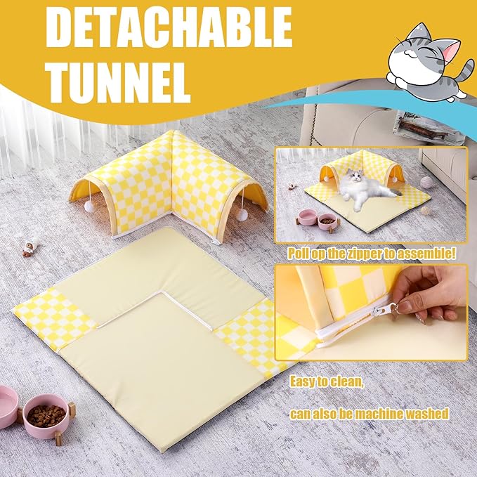 Plush Cat Donut Tunnel Bed for Indoor Cats，Waterproof Soft Peekaboo Cat Cave,Fuzzy Cat Tunnels with 2 Hanging Cat Ball Toys,Machine Washable Small Cat Bed,Warm & Cozy Pet Beds for Kitten,Yellow