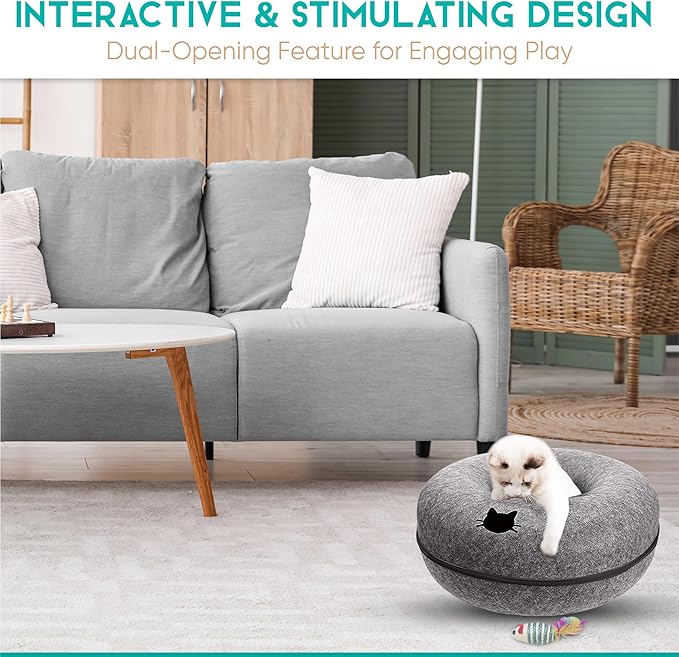 DMMC Cat Tunnel Bed, Detachable Donut Cave for Indoor Cats, Peekaboo Nest Donut for Large Cats, Hideaway Cave 2 Toys & 1 Hair Remover Brush - Washable Pet Tunnel Bed Scratch Resistant (24" Light Grey)