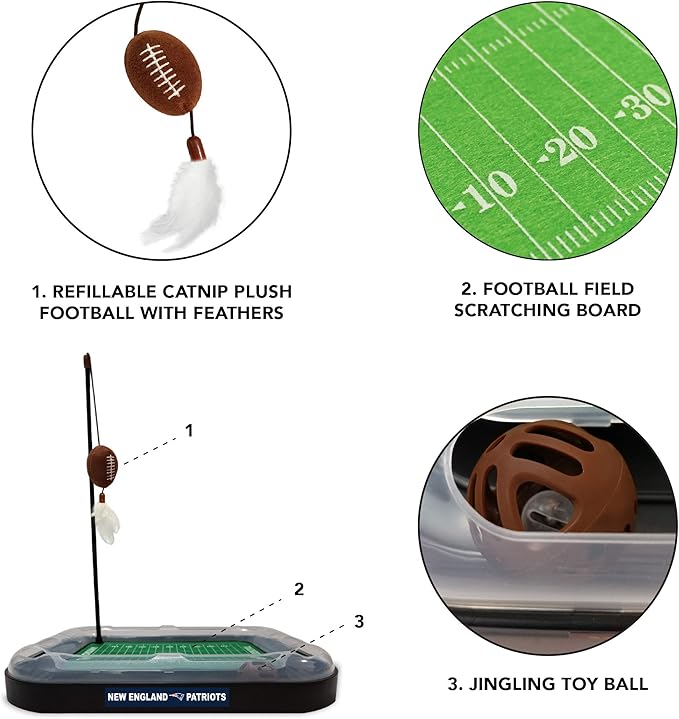 CAT BALL BELL TOY NFL New England Patriots Football Field CAT Scratcher Toy with Catnip Filled Plush Football Toy&Feather Cat Toy Hanging,&Jingle Bell Interactive Ball Cat Chasing 5-in-1 Kitty Toy