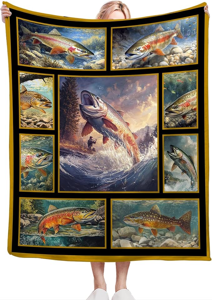 Fishing Throw Blanket Ultra Soft Cozy Rainbow Trout Fish Blanket Fleece Fuzzy Plush Fishing Lovers Decor Gifts for Women Girls Adults Couch Sofa 60"x50"