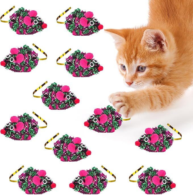 SunGrow 12 Pack Cat Crinkle Mice, 6x1.5 Inch Mice for Indoors, Keep Your Feline Energetic & Excited with Vibrant Colors, Lightweight Design for Long-Lasting Fun, Perfect for Playtime
