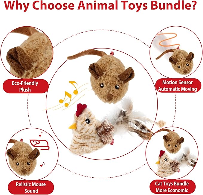 Gigwi Interactive Cat Toys Pack, Automatic Moving Mouse Electronic Cat Toys for Indoor Cats, Mouse Hunt Cat Toy for Kitten, 2 Pack (Brown Mouse & Chicken)