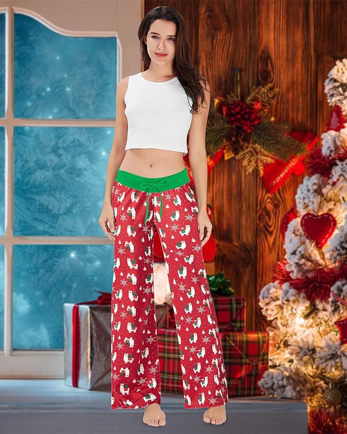 ALISISTER Christmas Womens Pajama Pants Casual Comfy Sleepwear Wide Leg Drawstring Bottoms