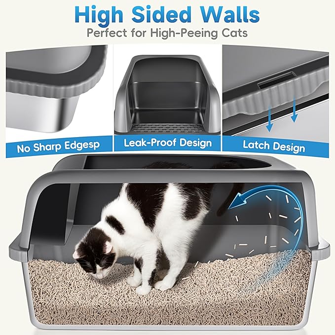 2 Pack Stainless Steel Cat Litter Box with Lid, XL Extra Large Metal Kitty Litter Box for Big Cats, 24" L x 16" W x 12" H, Enclosed Litter Box High Sided, Non-Sticky, Include Litter Scoop