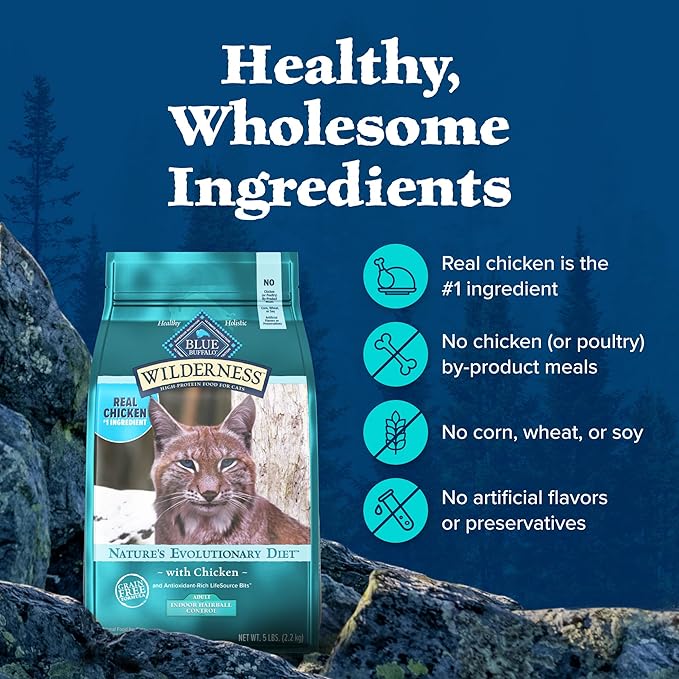 Blue Buffalo Wilderness Natural Hairball Care Dry Cat Food for Indoor Cats, High-Protein & Grain-Free Formula, Chicken, 5-lb. Bag