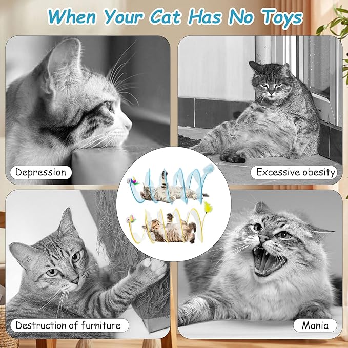 2 Packs Cats Tunnel Toys, Folded Cats Tunnels for Indoor Cats Tubes Played Tunnel Spring, Collapsible Pet Bed, Interactive Toy with Toys Feather Mouse for Kitten Yellow, Blue