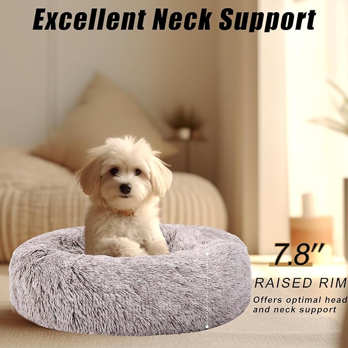Calming Dog Bed, Dog Beds Fits up to 25 lbs Pets, Fluffy Donut Dog & Cat Bed Washable, Round Anti Anxiety Dog Bed, Small Dog Bed with Non-Slip Bottom (Coffee, 24" x 24")