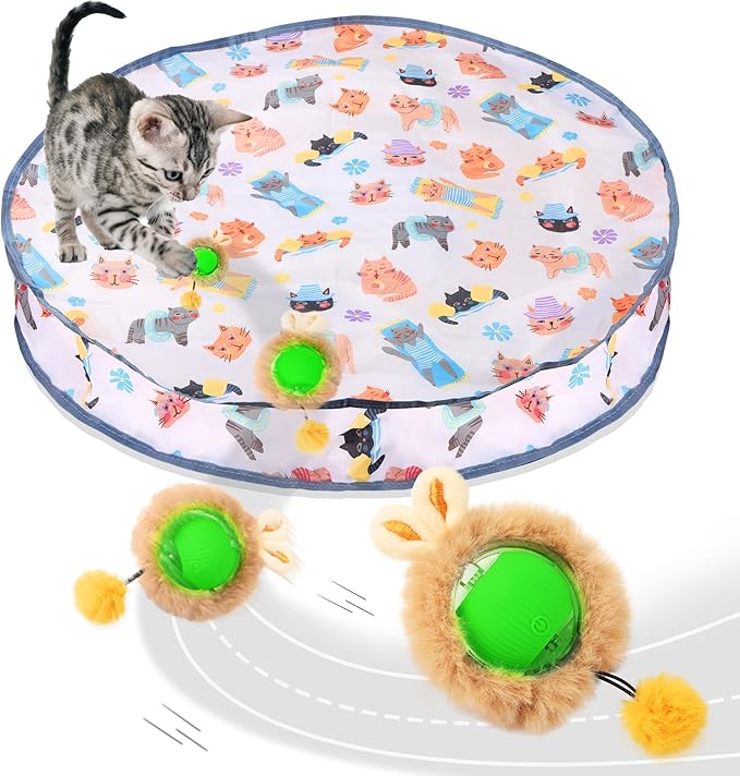 Interactive Cat Toys Ball,Rechargeable Electric Cat Toys Fast Rolling in Pouch,Automatic Hide and Seek Kitten Toy with LED Light,Ball Hide and Seek Game for Indoor Exercise Kicker