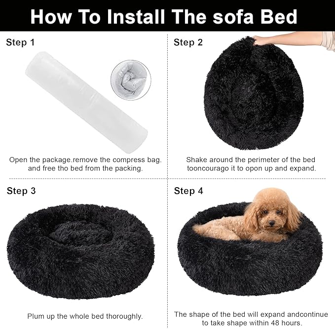 Dog Bed Calming Dog Beds for Small Medium Large Dogs - Round Donut Washable Puppy Dog Bed, Anti-Slip Faux Fur Fluffy Donut Cuddle Anxiety Cat Pet Bed(16'' Black)