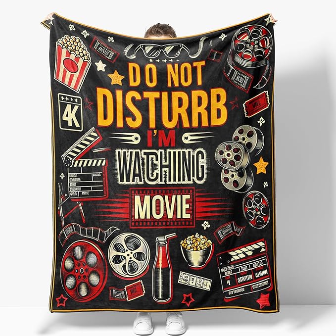 Movie Blanket Gifts for Women Men Girls Boys Vintage Cinema Theater Film Player Print Presents for Kids Adults Teen Birthday Christmas Decor Bedroom Living Room Couch Sofa Soft Flannel Throw 60"x50"