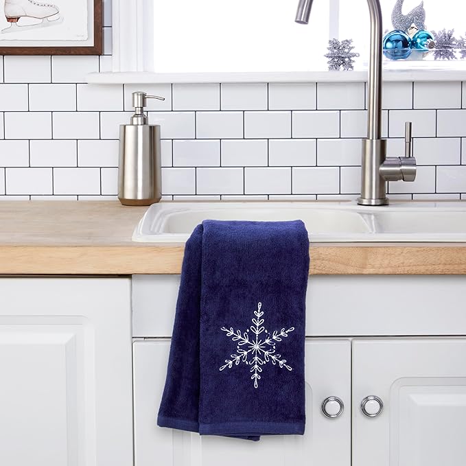 SKL Home Christmas Simple Snowflake Hand Towel 2pc Set for Bath/Kitchen/Bar & Gift, Navy