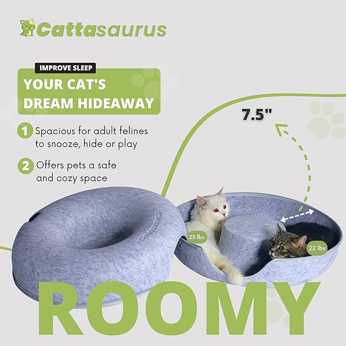CATTASAURUS Peekaboo Cat Cave for Multiple & Large Cats Up to 30-45 Lbs, Scratch Detachable & Washable Tunnel Bed, Comfy Donut Cat Cave (Light Gray, Large)