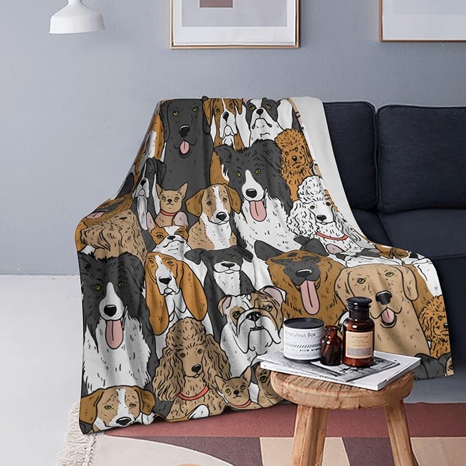 Cute Kids Dogs Puppies Print Blanket Throw 60"X50", Plush Flannel Blankets with Dogs On It, Gifts for Kids Women Dog Lovers People