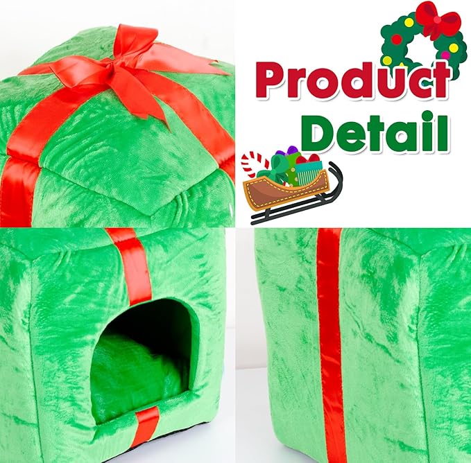 ShellKingdom Christmas Cat House, Cat Cave, Cute Shape Cat Beds for Indoor Cats, Xmas Gift Box Cat Cube with Bed Cushion for Small Pet, 13.77 X 13.77 INCHES (Gift Box Shape)