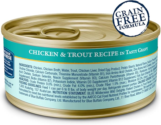 Blue Buffalo Wilderness Wild Delights Adult Flaked Wet Cat Food, High-Protein & Grain-Free, Made with Natural Ingredients, Chicken & Trout Recipe in Tasty Gravy, 3-oz Cans (24 Count)