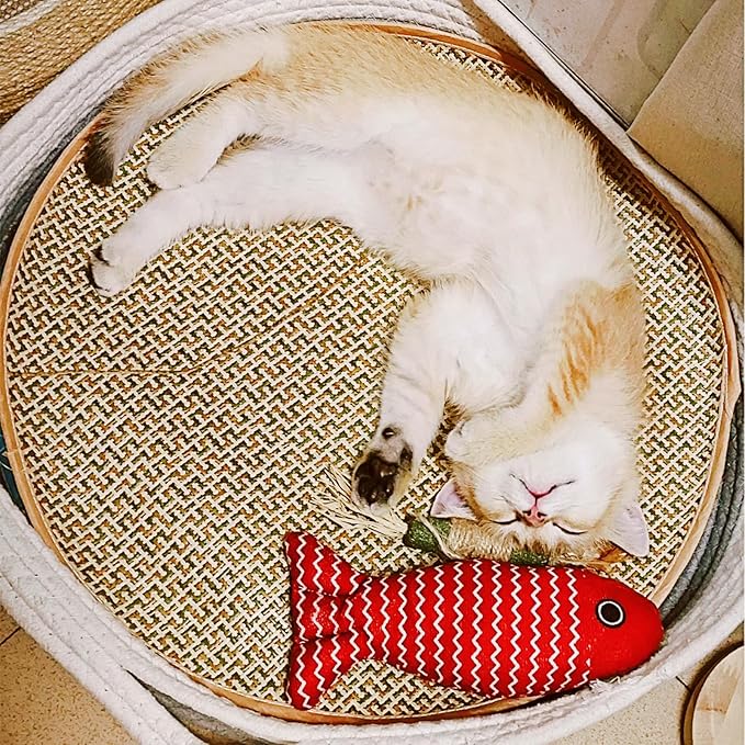 Round Cat Bed for Indoor Cats, Cat Basket Bed, Wicker Cat Donut Beds, Cooling Cat Nest for Summer Sleeping, Washable Pet Pad for Cat Scratching,Grey with Scratching Pad