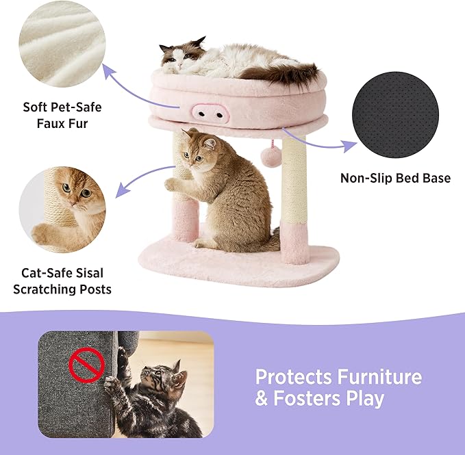 Lesure Cute Cat Tree Tower - Cat Tower with Nature Sisal Scratching Post for Indoor Large Cats and Kittens, Featuring with Soft Removable Cat Bed,Wide Perch, Playful Toy, 22x16.5x22.8in，Pink