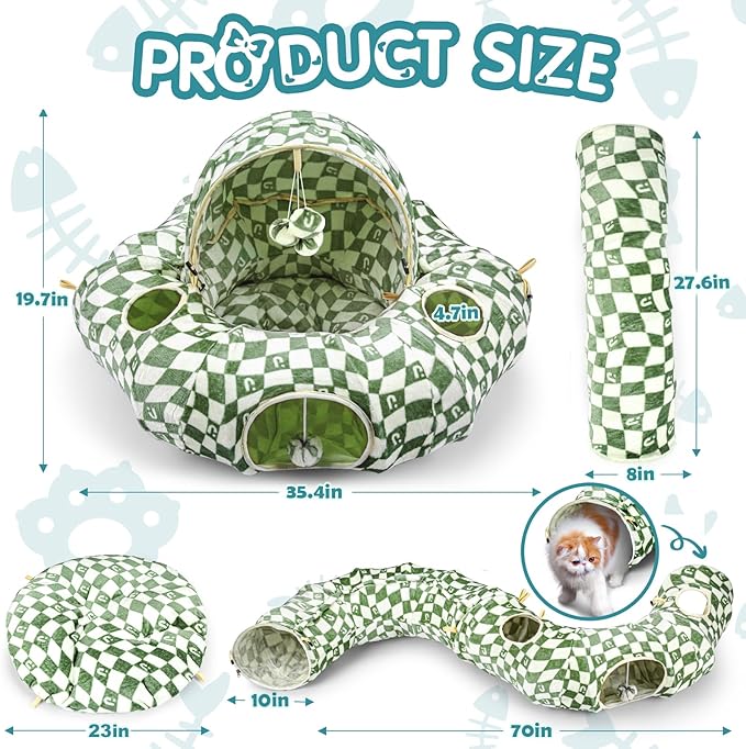 Cat Tunnel Bed for Indoor Cats, Cat Donut Tunnel with Straight Tunnel, Washable Circle Cushion, 4 Hanging Balls and 6 Peek Holes, Collapsible Pet Play Tunnel Toy, Green