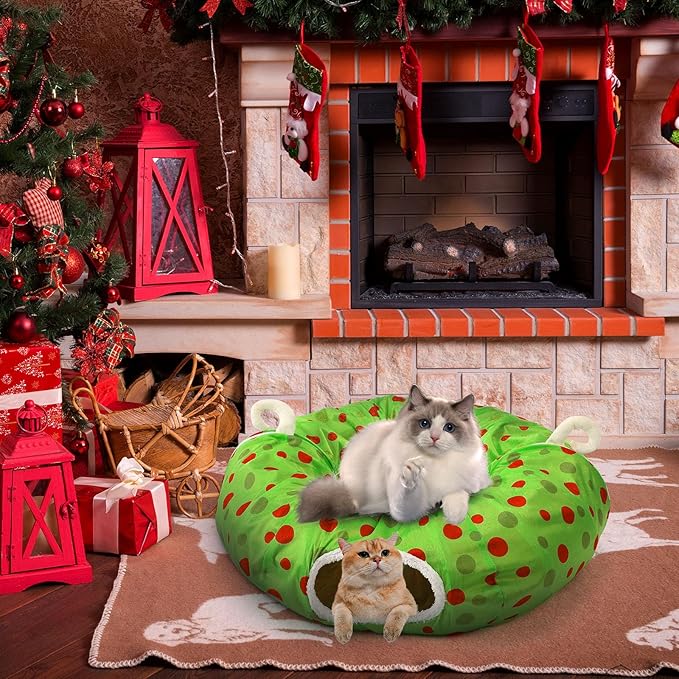 Christmas Cat Tunnel Bed 3ft x 3ft x 9.8in Under Christmas Tree Cat Tunnels for Indoor Cats Xmas Lime Green Cat Donut Tunnel Foldable Plush Peekaboo Cat Cave Toy for Small Cat Kitten Kitty
