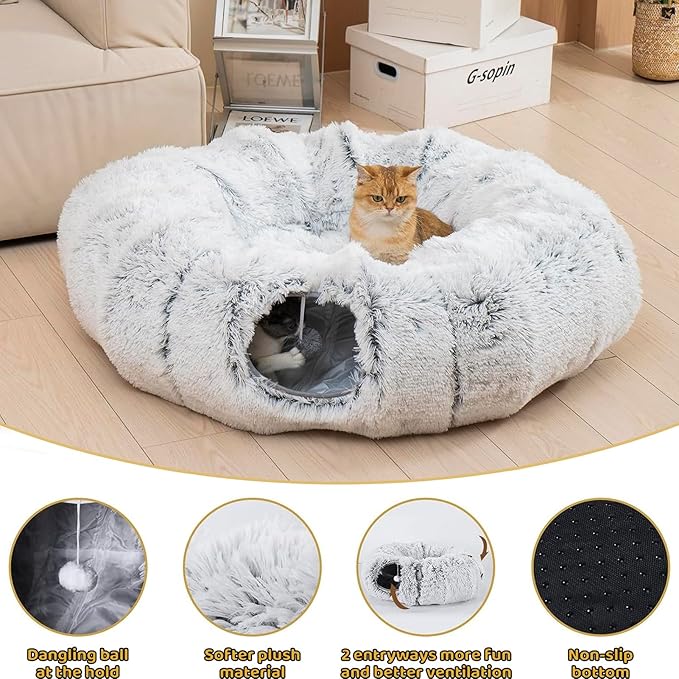 CLKHOWL Cat Tunnel Bed, Cat Tunnels Cat Toys for Indoor Cats, Cat Donut Tunnel, Multifunctional Cat Cave for Small Medium Large Cat, Puppy, Rabbit, Ferret. (Grey)