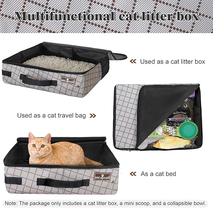 HiCaptain Portable Cat Travel Litter Box with Lid, Collapsible Travel Litter Box for Small Medium Cats, Leak Proof, Odor Free, Waterproof Foldable Standard Litter Carrier Box for Outdoor - Khaki