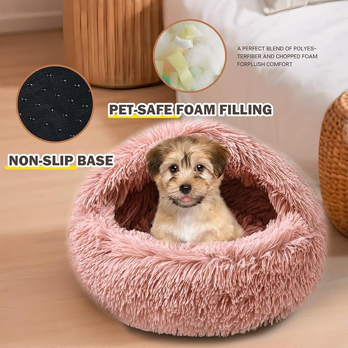Cat Bed Calming Cat Beds,Indoor Washable Cat Bed，Anti-Slip Faux Fur Fluffy Cuddler Anxiety Cat Bed,Warming Cuddler Cushion Bed for Small Medium Dogs and Cats (Leather Pink, 20 * 20inch)