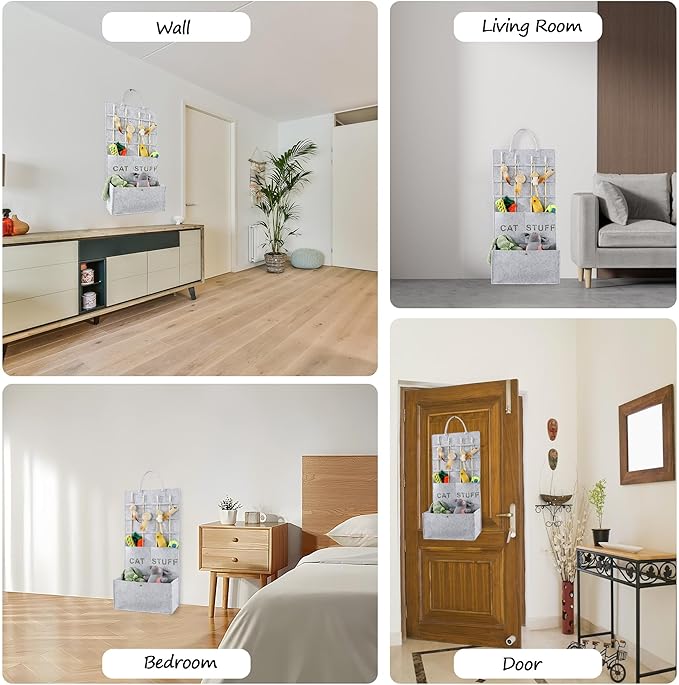 MABOZOO Cat Toy Storage Organizer for Wand Toys,Durable Pet Storage Box with Handle Cat Feather Toy Storage Hanging Bag for Neatly Organizing Teaser Wand Toys（Light Grey）