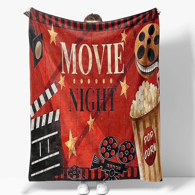Movie Theater Theme Blanket Gifts for Women Girls Boys Men Cinema Clapboard Film Popcorn Print Presents for Kids Adults Teen Birthday Christmas Decor Home Couch Sofa Soft Cozy Flannel Throw 60"x50"