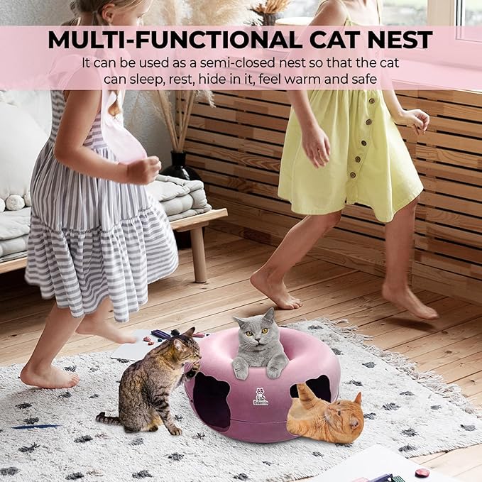 Peekaboo Cat Tunnel Bed-Large, Scratch-Resistant Donut Cave for Indoor Cats Up to 30-45 lbs, Detachable & Washable Design, Perfect Cozy Play & Rest Spot for Cats and Small Dogs (Pink, Large)