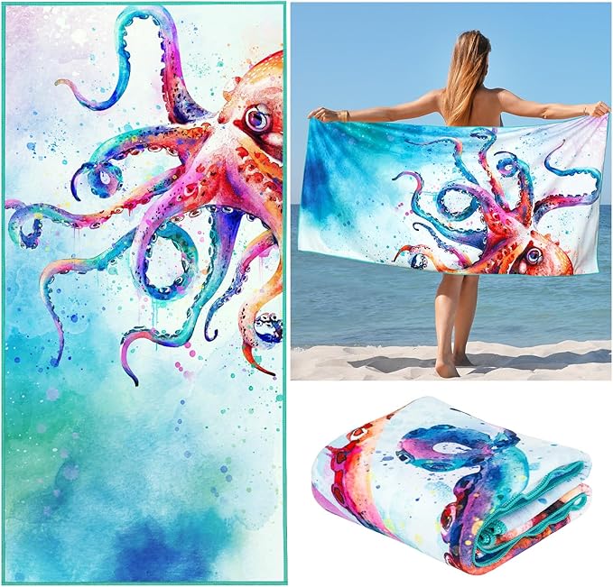 CutebriCase Octopus Beach Towel, Kraken Ocean Beach Towel Cotton Blend Soft Velour Absorbent Nautical BeachTowel for Kids Men Women Camping Towel for Gym, Hiking, Pool, Bath, Yoga,Travel Vacation