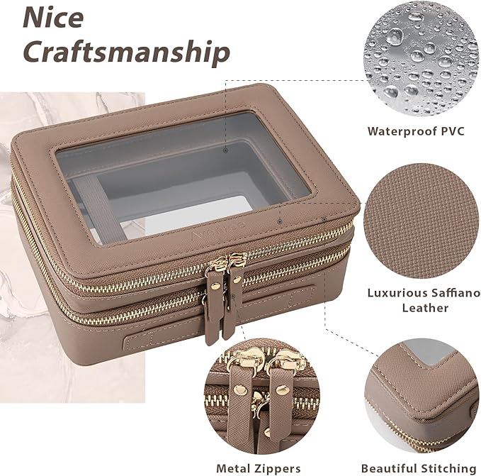 Aveniee Large Clear Makeup Bags, Double Layer Cosmetic Bags with Separate Brush Compartment, Travel Toiletry Bag Cosmetic Train Case, Travel Accessories Organizer for Women(2 Layers, Brown)