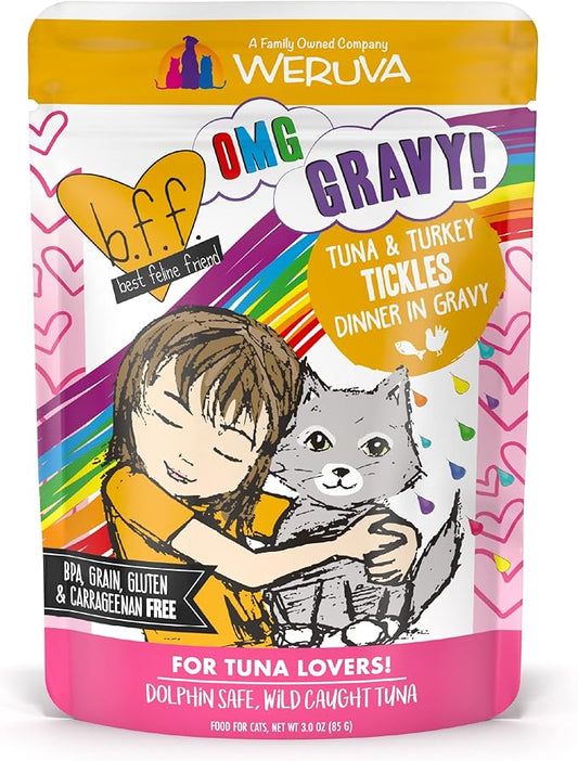 Weruva B.F.F. OMG - Best Feline Friend Oh My Gravy!, Tuna & Turkey Tickles with Tuna & Turkey in Gravy Cat Food, 3oz Pouch (Pack of 12)